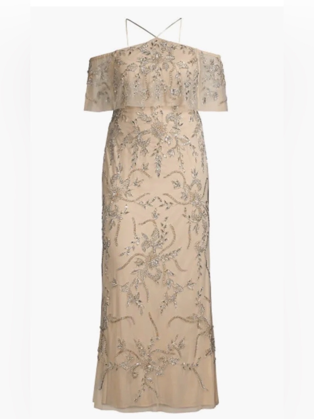 Aidan Mattox Champagne One-Shoulder Beaded Evening Gown